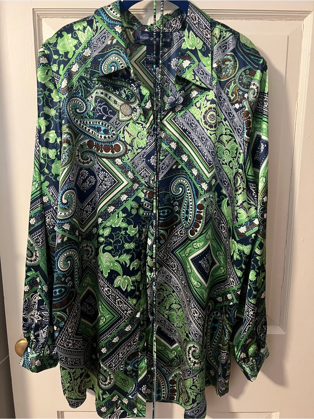 Susan Graver Navy and Green Paisley Button-Down Shirt